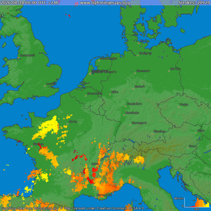 Lightning map Western Europe 2026-08-14