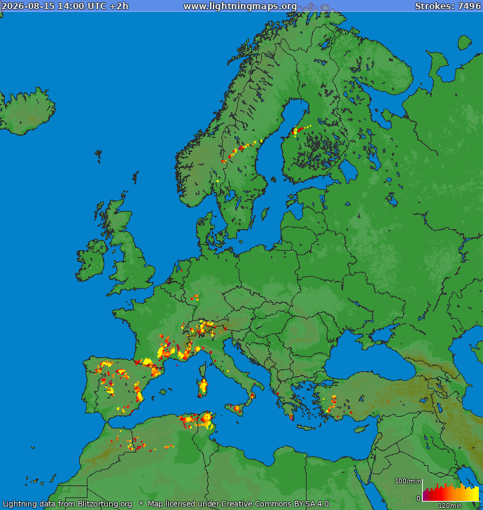 Mapa blesků Evropa 15.08.2026 (Animace)