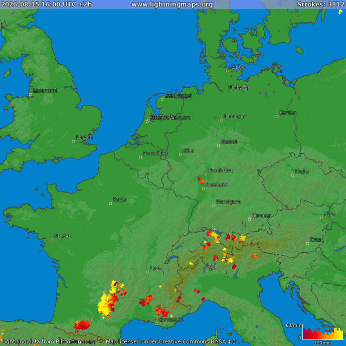 Lightning map Western Europe 2026-08-15 (Animation)