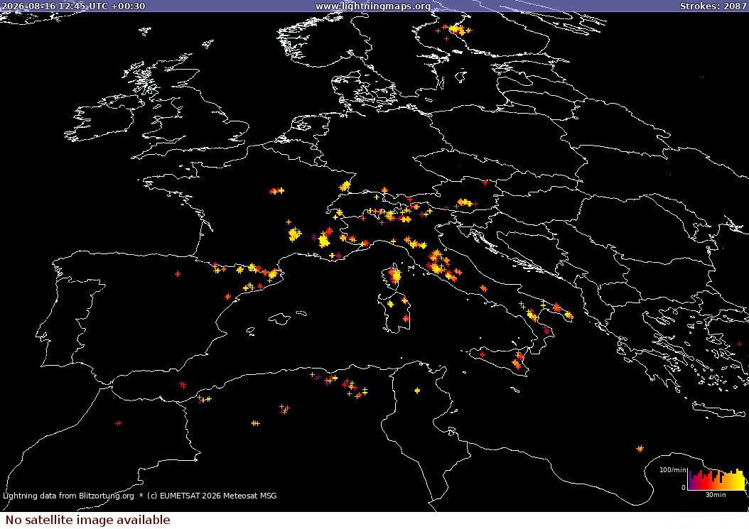 Mapa wyładowań Sat: Europe Clouds + Rain 2026-08-16 (Animacja)