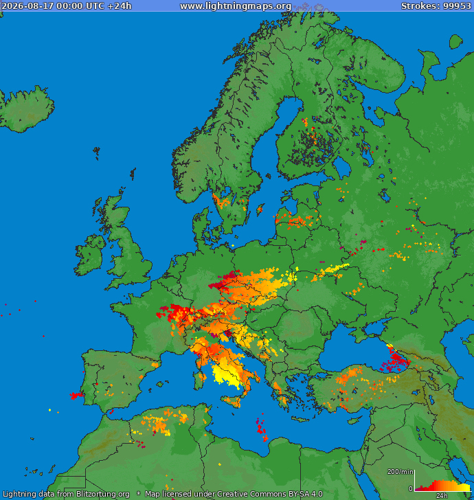Mapa blesků Evropa 17.08.2026