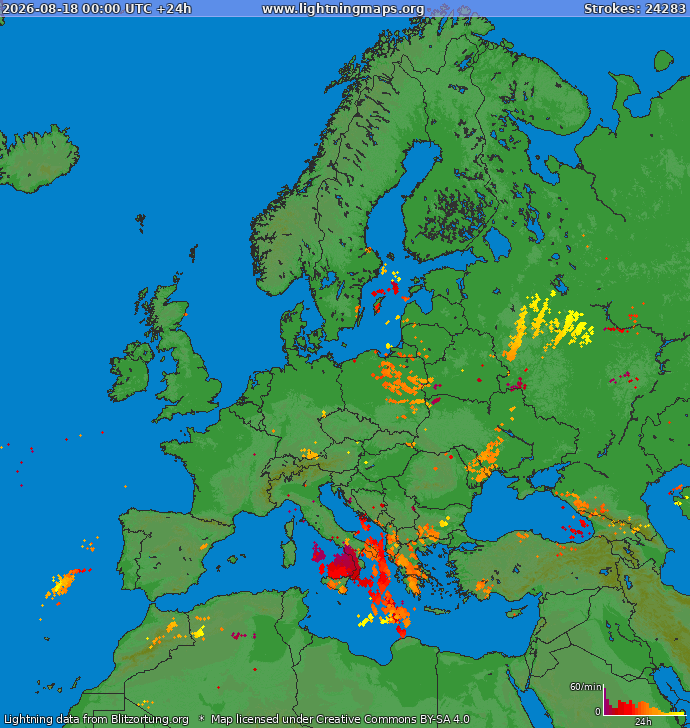 Lightning map Europe 2026-08-18