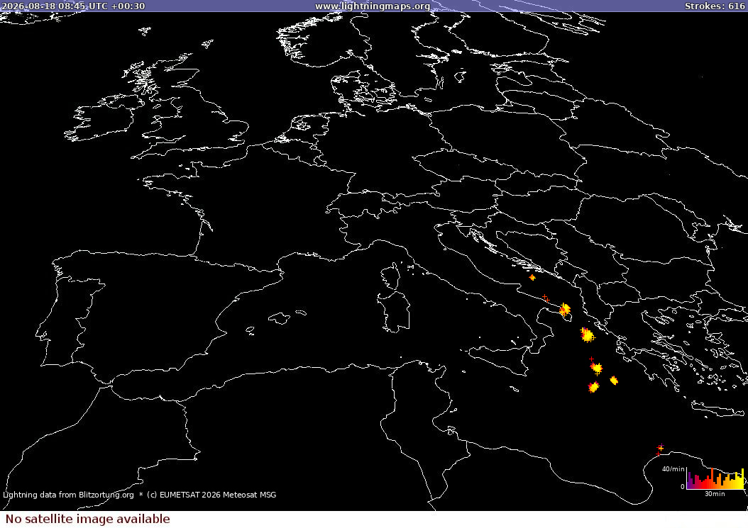 Blixtkarta Sat: Europe Clouds + Rain 2026-08-18 (Animering)