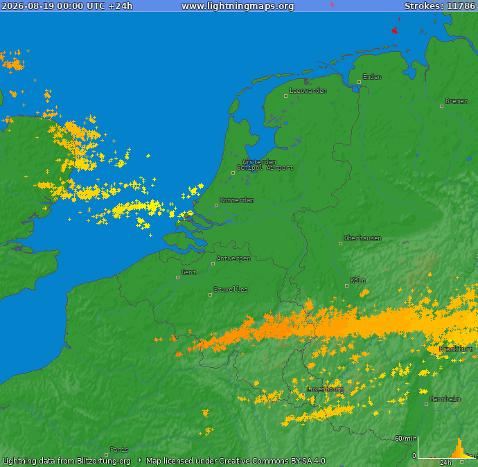Lightning map Benelux 2026-08-19