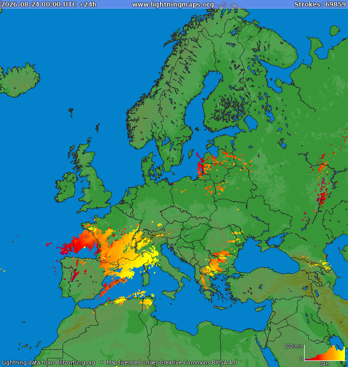 Lightning map Europe 2026-08-24