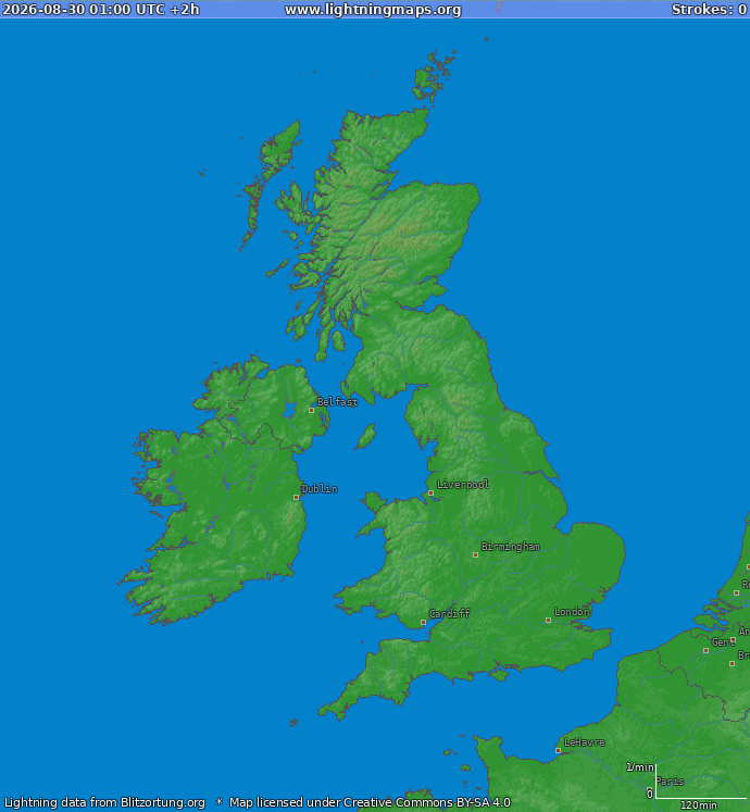 Lightning map United Kingdom 2026-08-30 (Animation)