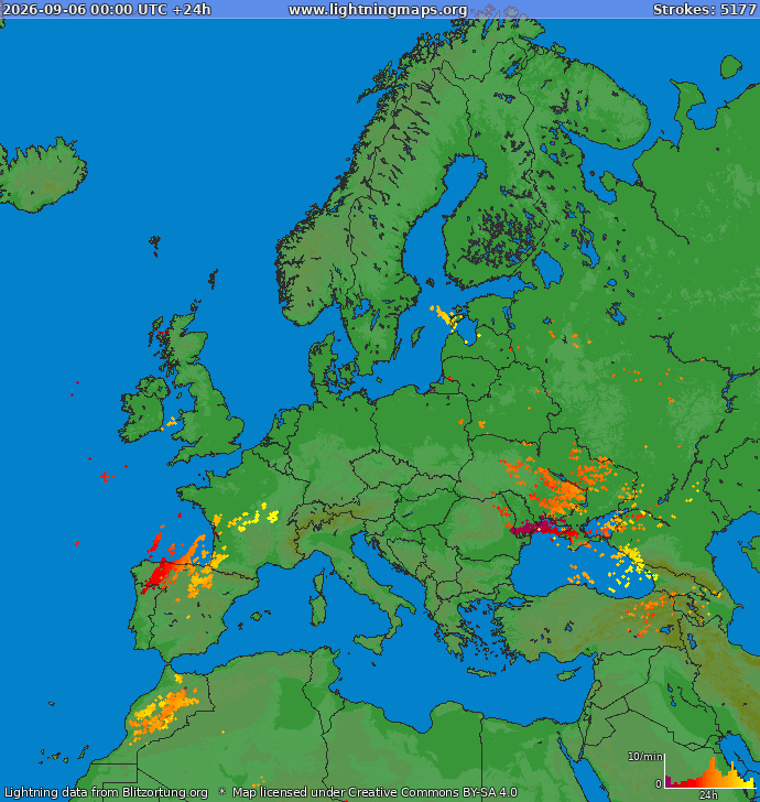 Mapa blesků Evropa 06.09.2026