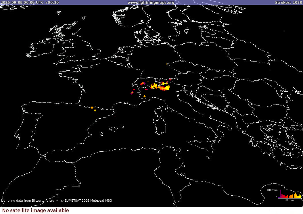 Mapa blesků Sat: Europe Clouds + Rain 09.09.2026 (Animace)