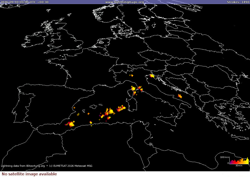 Lightning map Sat: Europe Clouds + Rain 2026-09-10 (Animation)