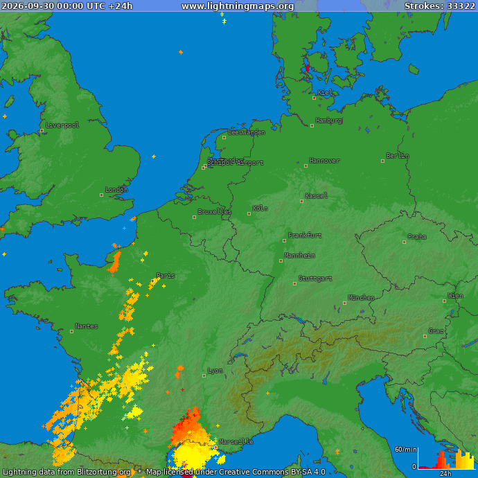 Lightning map Western Europe 2026-09-30
