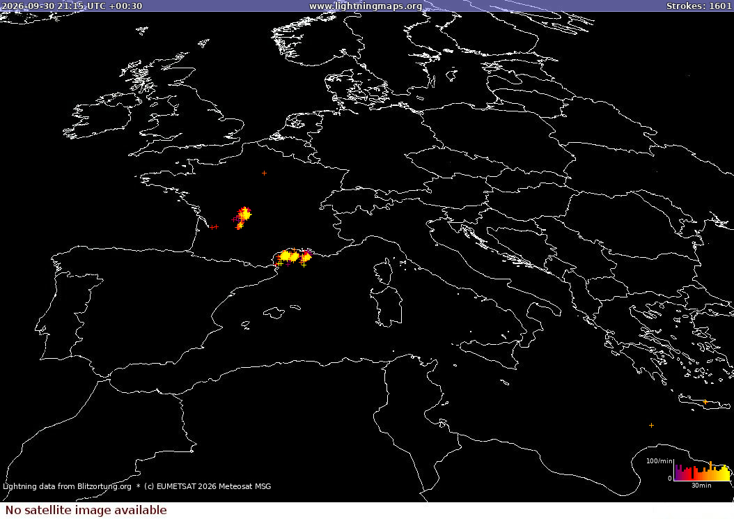 Lightning map Sat: Europe Clouds + Rain 2026-10-01 (Animation)