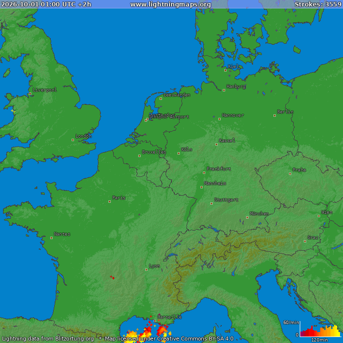Lightning map Western Europe 2026-10-01 (Animation)