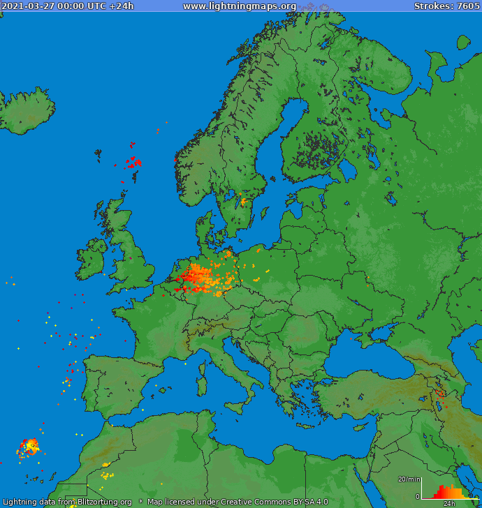 Lightning map Europe 2021-03-27