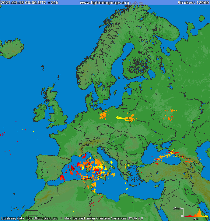 Lightning map Europe 2021-04-18