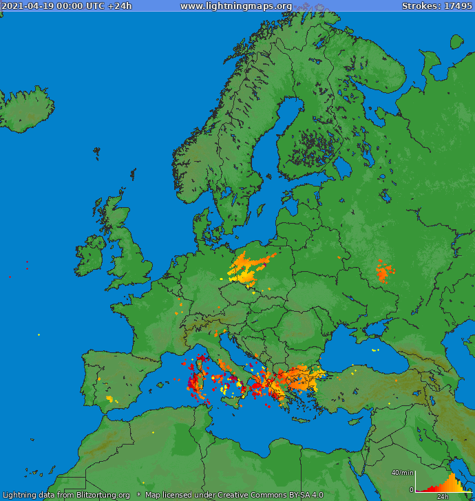 Lightning map Europe 2021-04-19