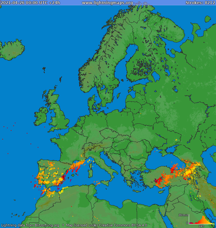 Mapa bleskov Európa 26.04.2021