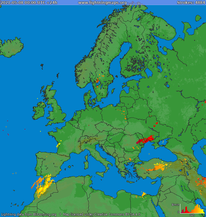 Карта блискавок Європа 08.05.2021