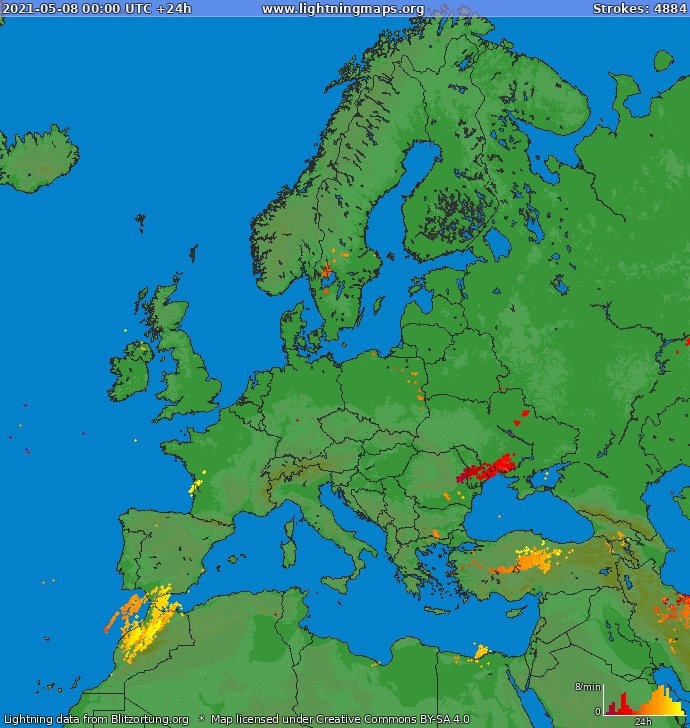 Bliksem kaart Europa 08.05.2021