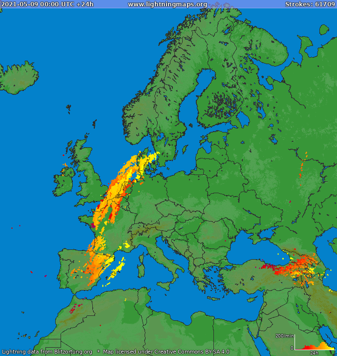 Mappa dei fulmini Europa 09.05.2021