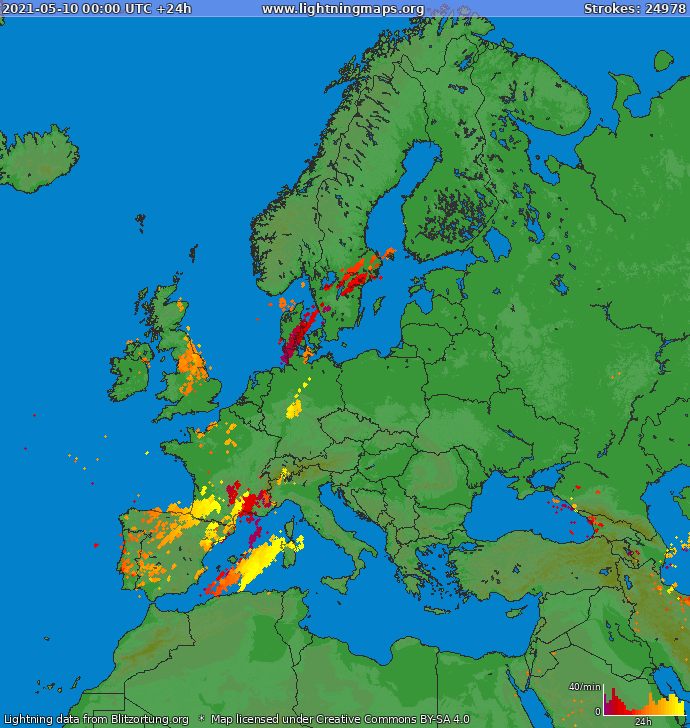 Mappa dei fulmini Europa 10.05.2021