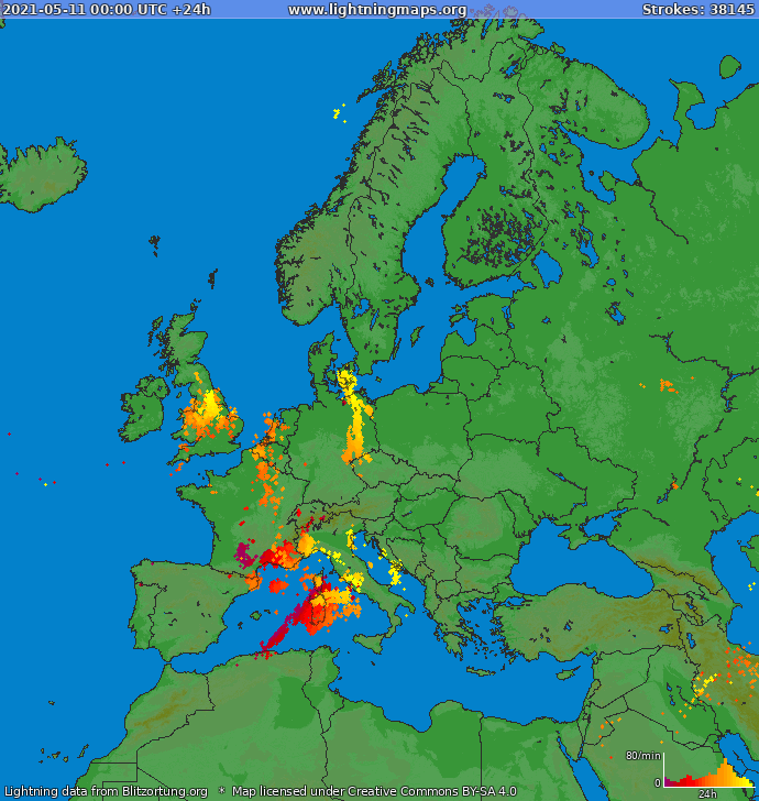 Mapa blesků Evropa 11.05.2021