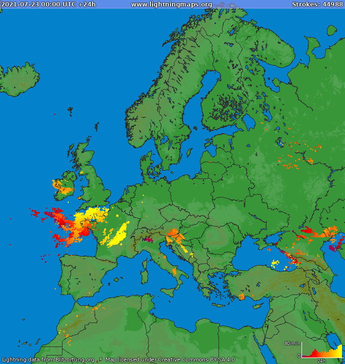 Mappa dei fulmini Europa 23.07.2021