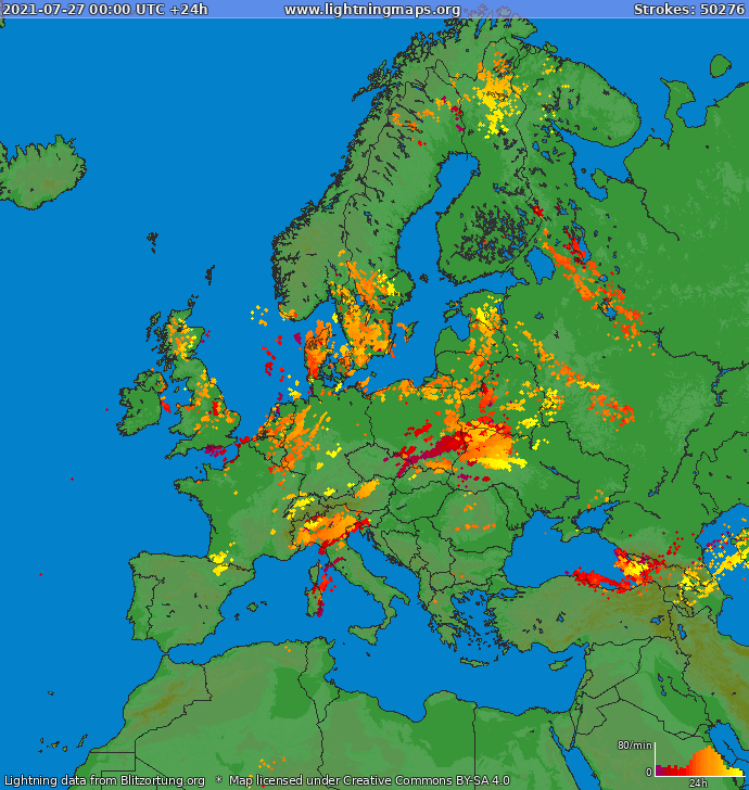 Mapa bleskov Európa 27.07.2021