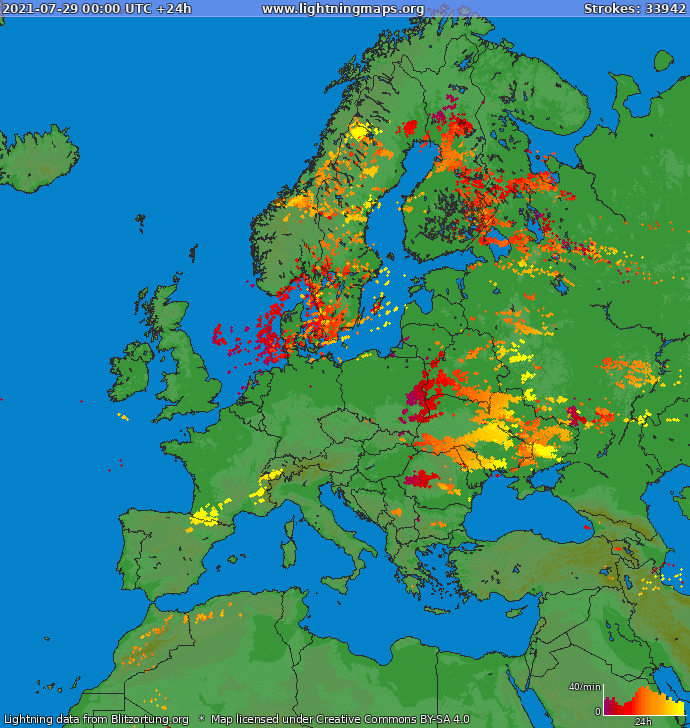 Mappa dei fulmini Europa 29.07.2021