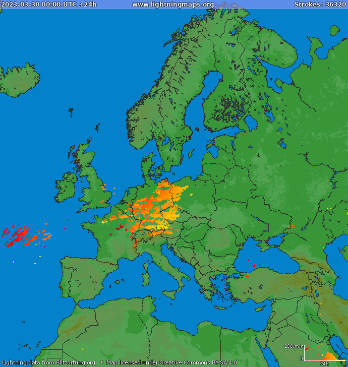 Mapa blesků Evropa 30.03.2023