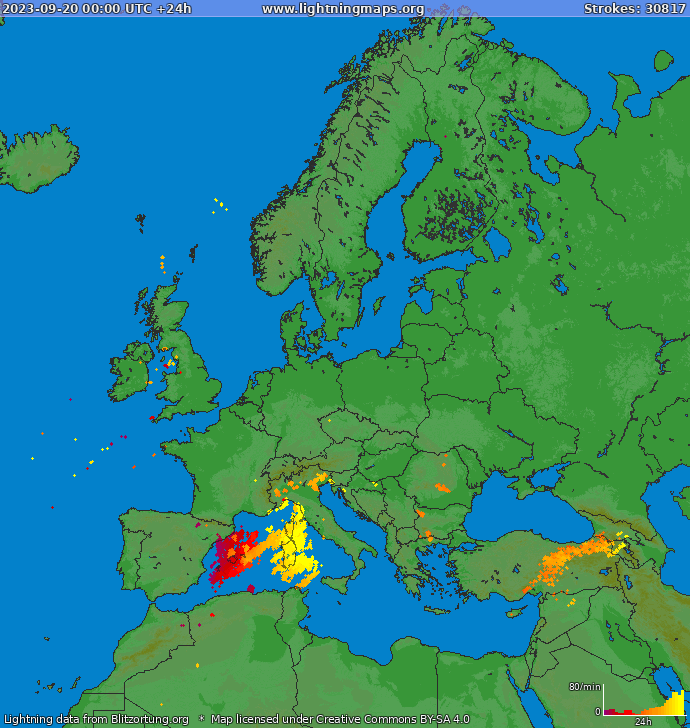 Mappa dei fulmini Europa 20.09.2023