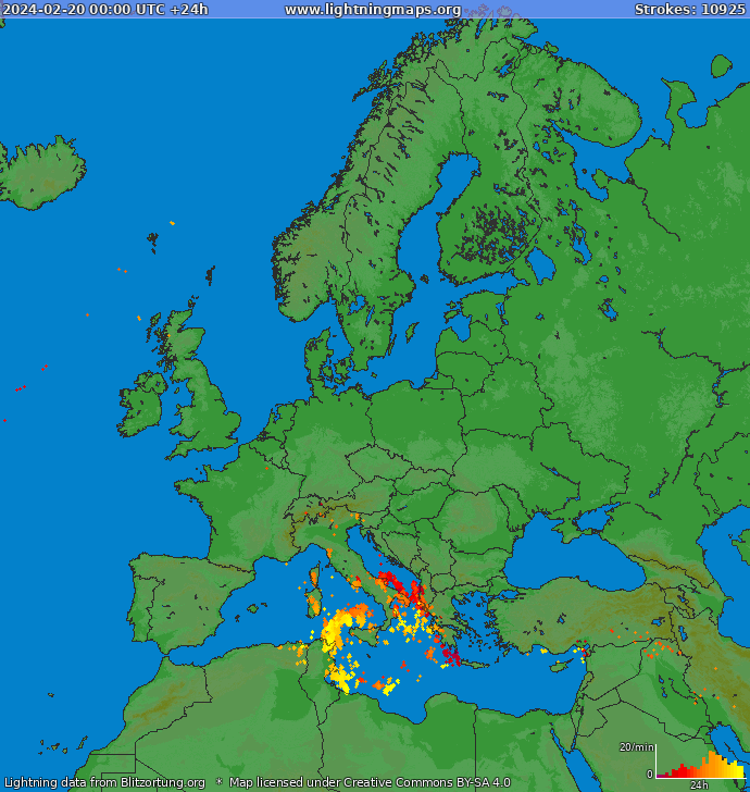Lightning map Europe 2024-02-20