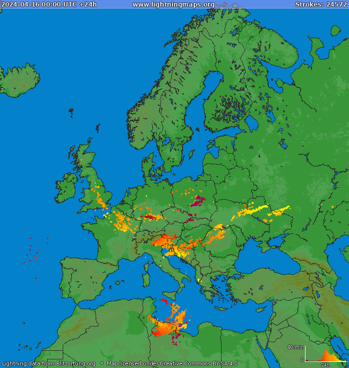 Mappa dei fulmini Europa 16.04.2024