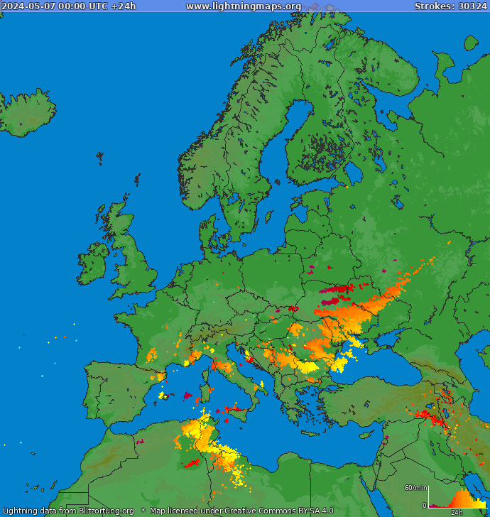 Mappa dei fulmini Europa 07.05.2024
