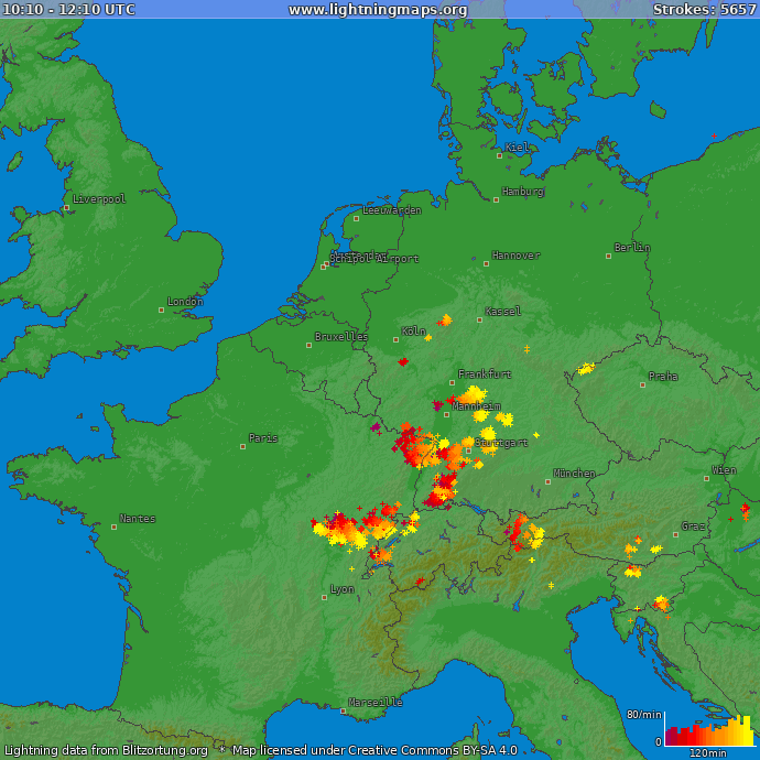 Lightning map Western Europe 2024-07-01 (Animation)