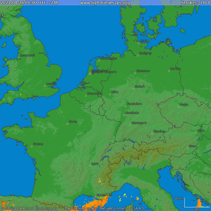 Карта блискавок Західна Європа 26.04.2021