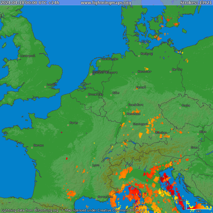 Lightning map Western Europe 2024-04-18