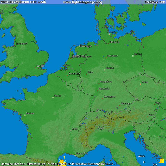 Lightning map Western Europe 2024-04-29