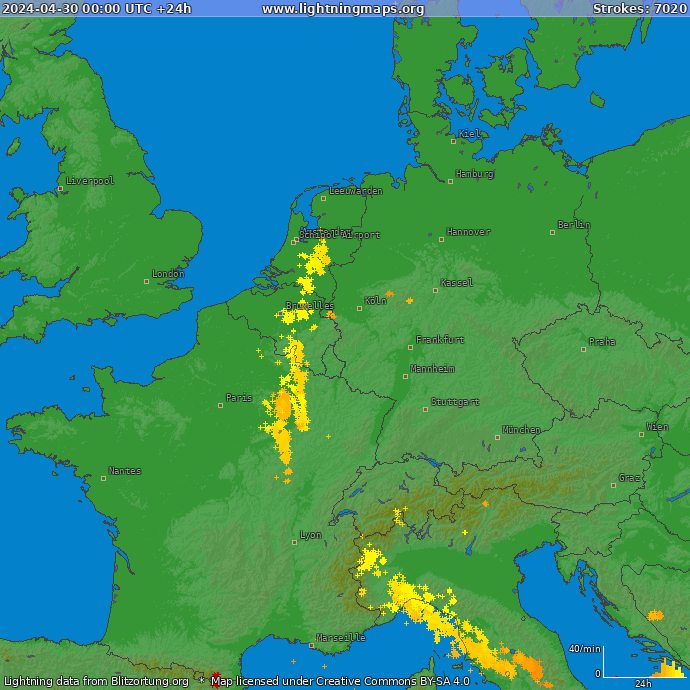Lightning map Western Europe 2024-04-30
