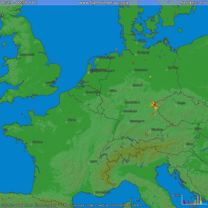 Mapa wyładowań Europa Zachodnia 2019-01-22 18:27:23 UTC