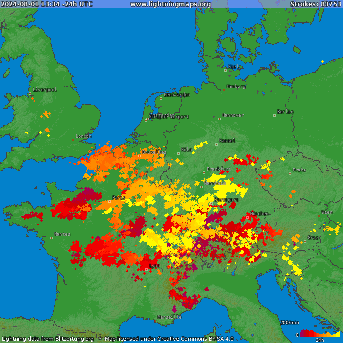 Mapa bleskov Západná Európa 16.06.2024 21:46:51 UTC