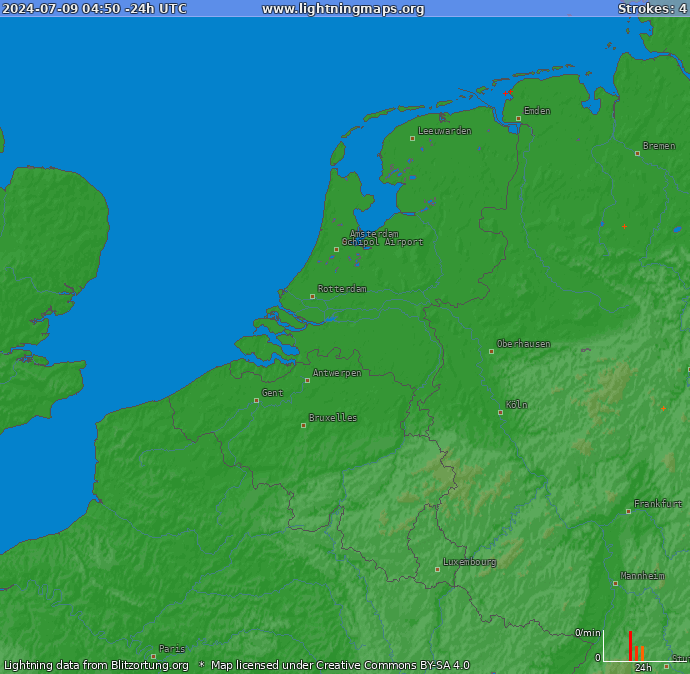 Mapa blesků Benelux 21.06.2024 18:41:03 UTC