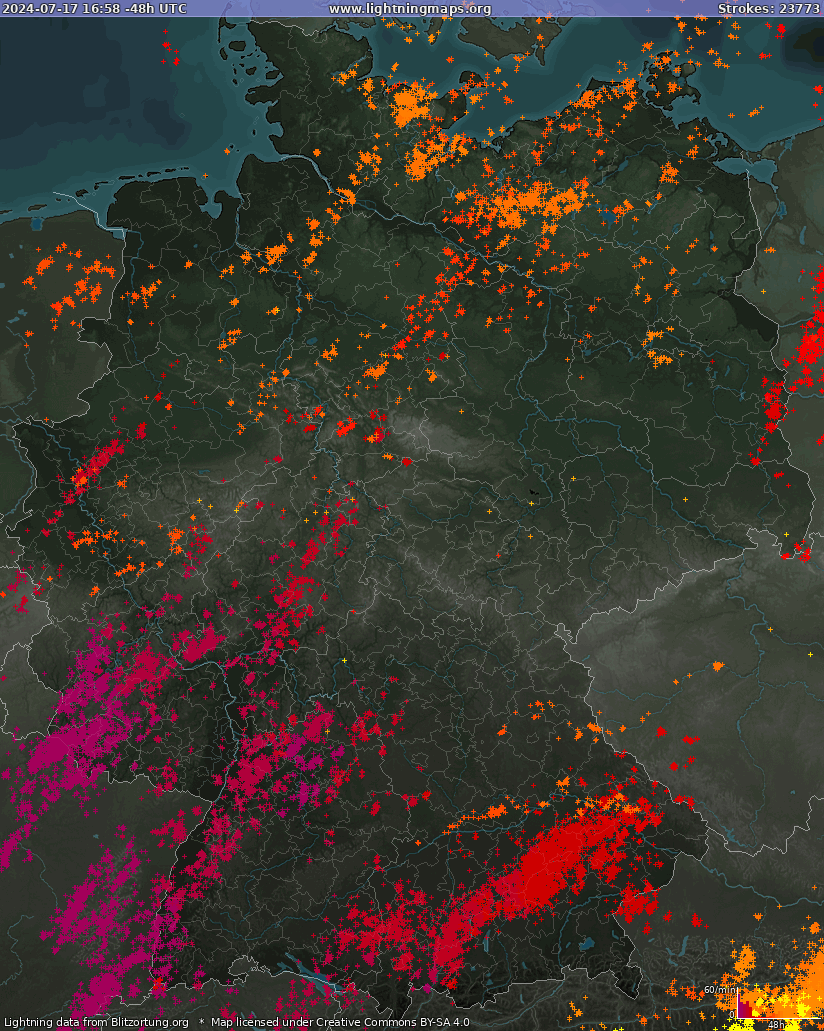 Карта блискавок Німеччина 16.06.2024 12:52:51 UTC
