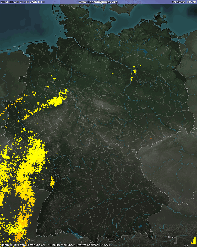 Карта блискавок Німеччина 02.06.2024 07:35:56 UTC