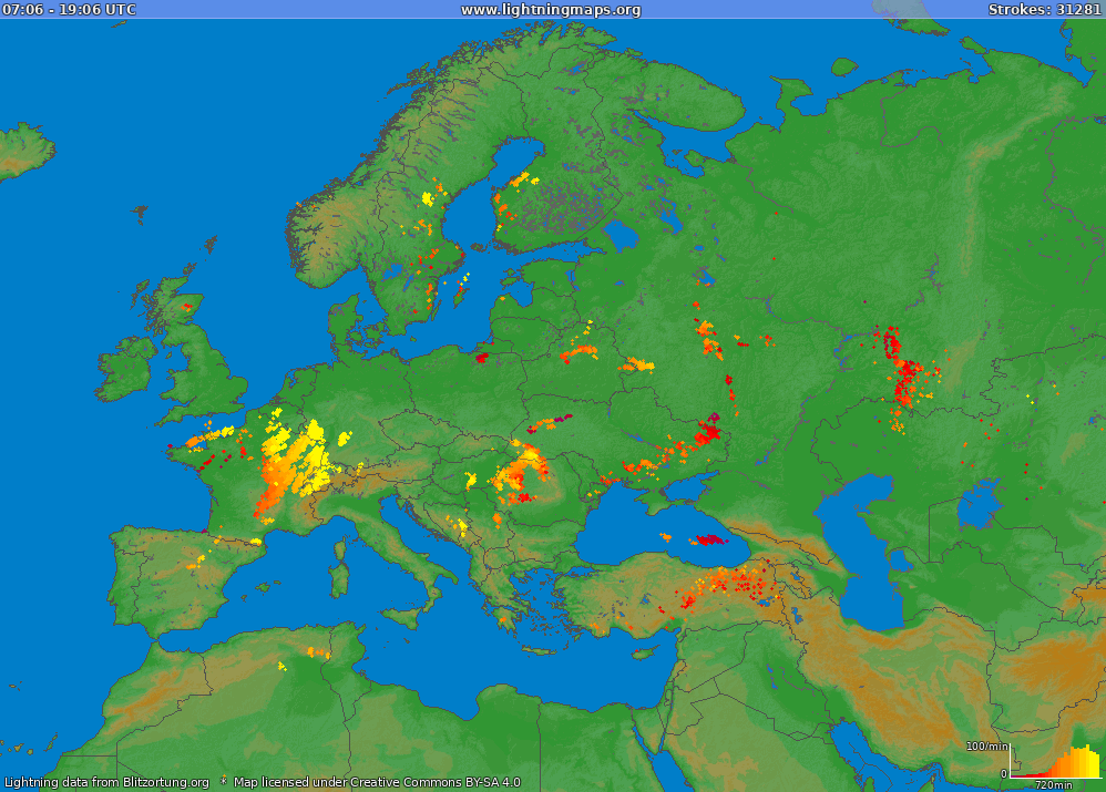 Mappa dei fulmini Europe (Big) 07.06.2024 06:47:26 UTC