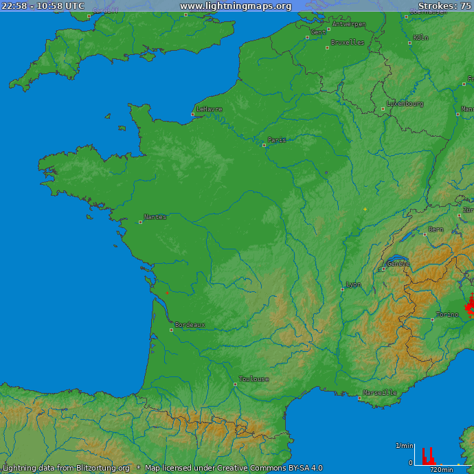 Mapa bleskov Francúzsko 29.04.2024 19:04:45 UTC