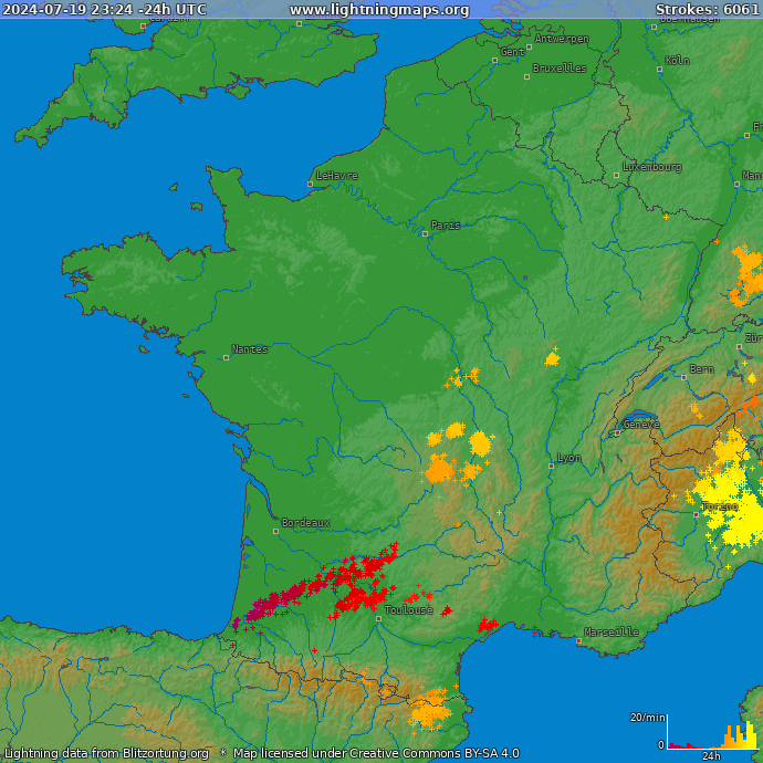 Carte de la foudre France 27/07/2024 02:06:41 UTC