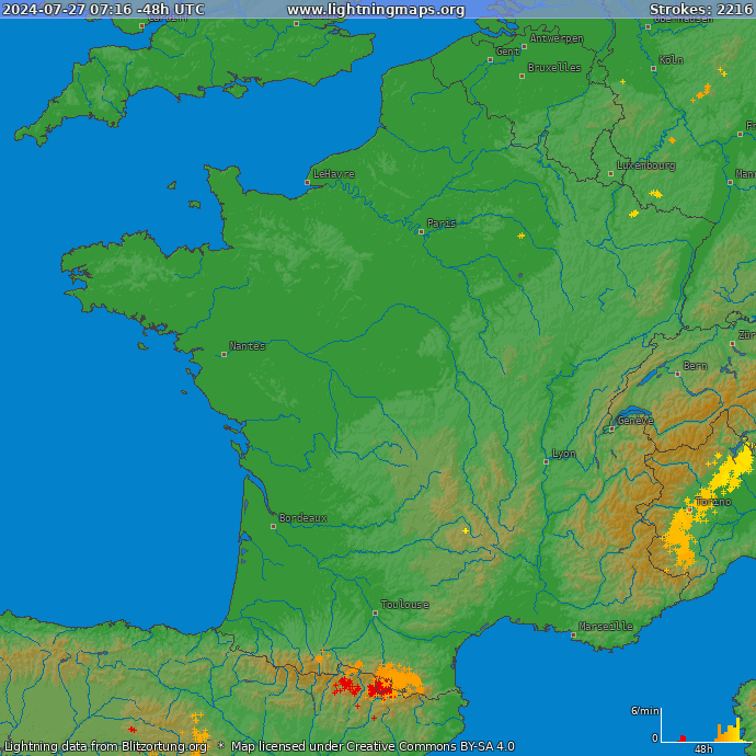 Carte de la foudre France 27/07/2024 04:57:53 UTC