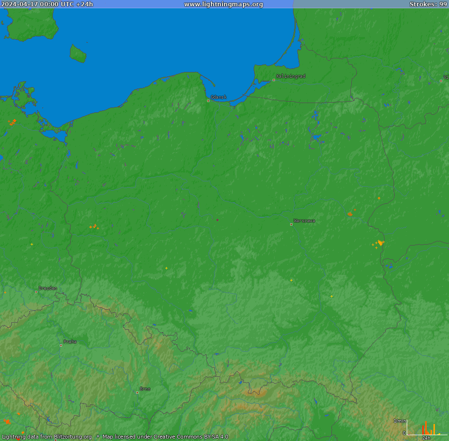 Mapa blesků Poland (Big) 17.04.2024