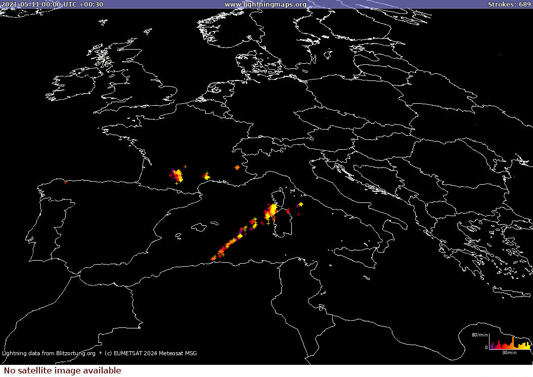 Lightning map Sat: Europe Clouds + Rain 2021-05-11 (Animation)