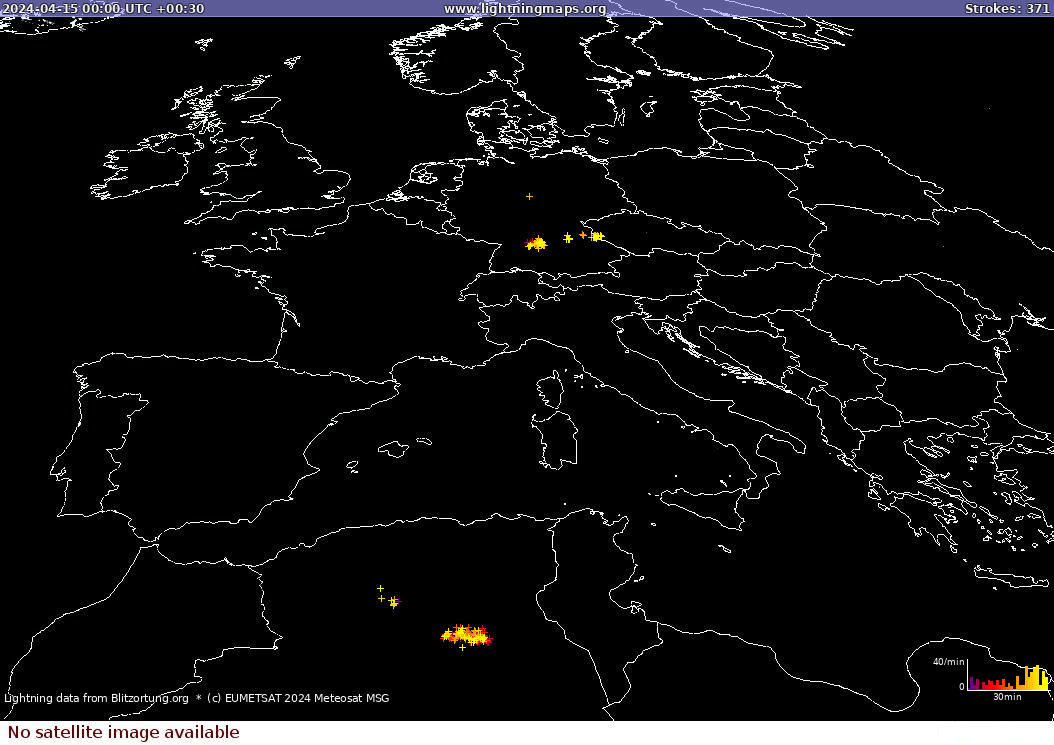 Mapa bleskov Sat: Europe Clouds + Rain 15.04.2024 (Animácia)